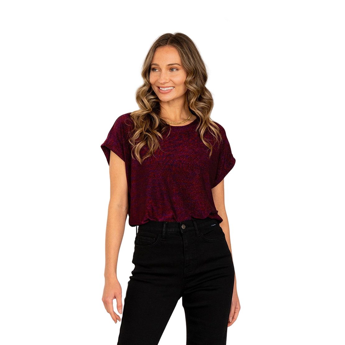 Women's Round Neck Cap Sleeves Shimmer Top ET3616