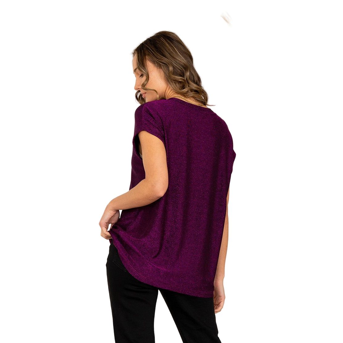 Women's Round Neck Cap Sleeves Shimmer Top ET3616