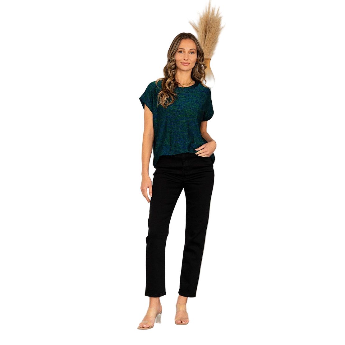 Women's Round Neck Cap Sleeves Shimmer Top ET3616