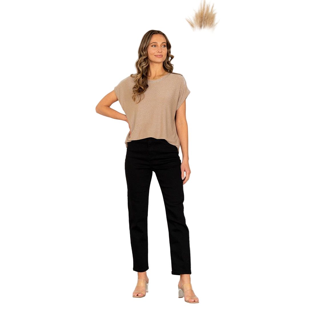 Women's Round Neck Cap Sleeves Shimmer Top ET3616