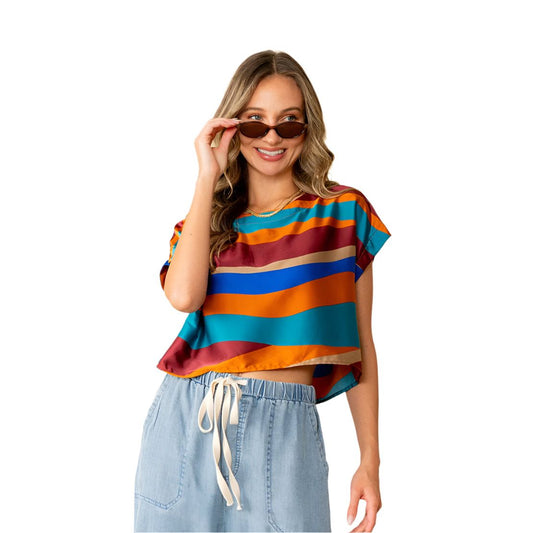 Women's Relaxed Fit Cap Sleeves Wavy Striped Satin Top ET6162-5313W