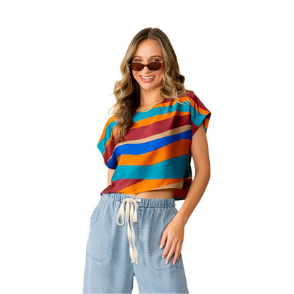 Women's Relaxed Fit Cap Sleeves Wavy Striped Satin Top ET6162-5313W