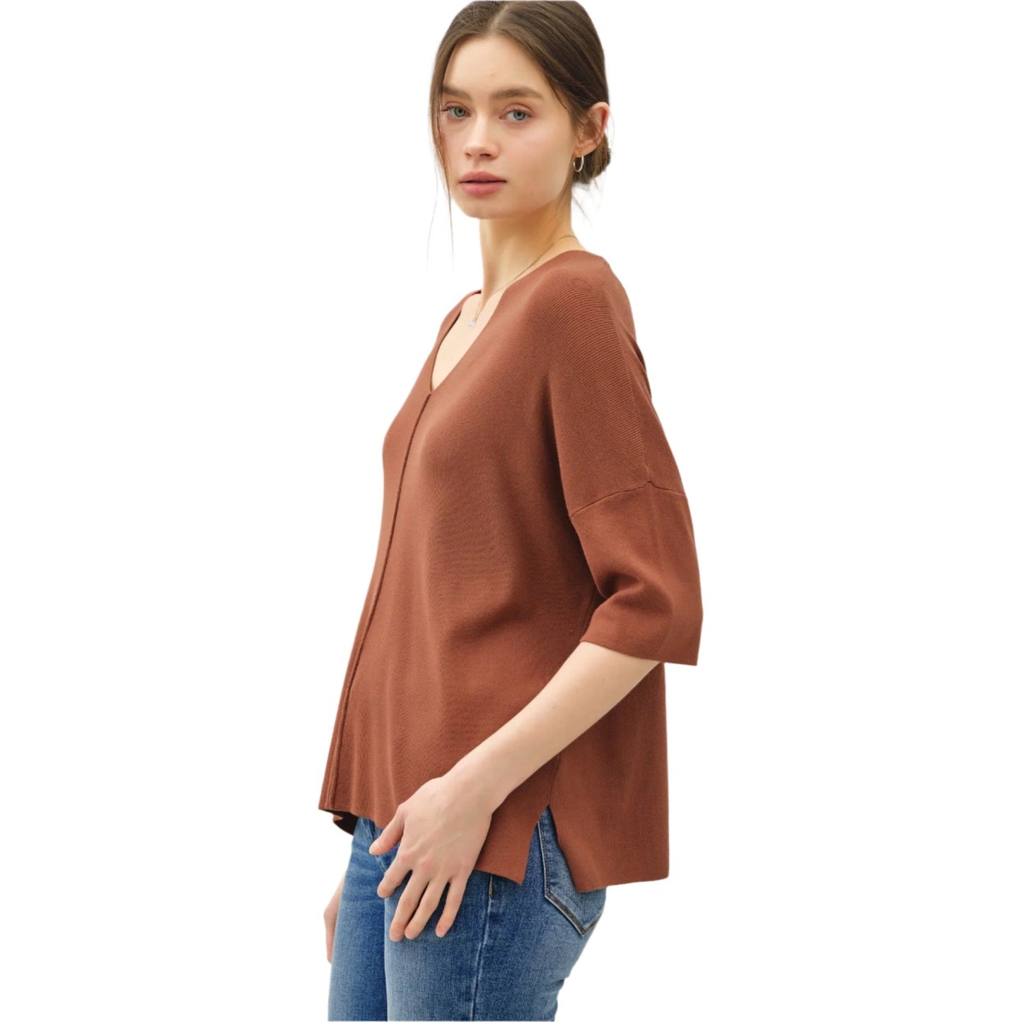 Women's V-neck Dropped Shoulder Half Sleeve Sweater 64360 - Crazy House Western Wear