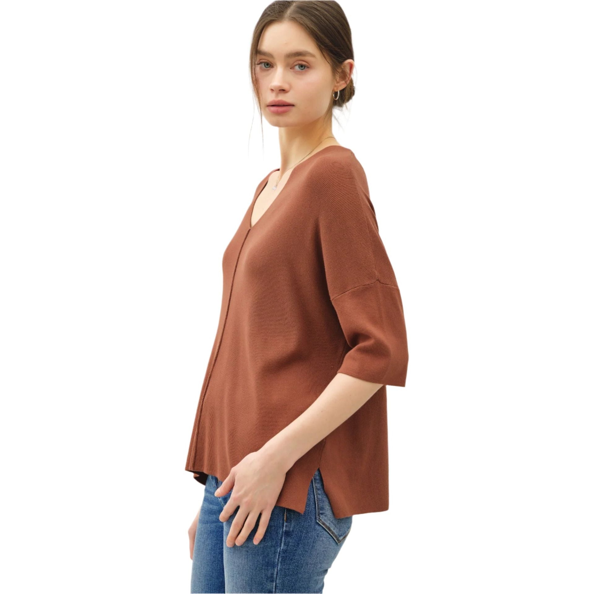 Women's V-neck Dropped Shoulder Half Sleeve Sweater 64360 - Crazy House Western Wear
