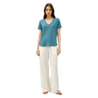 Women's Linen Basic V-Neck Short Sleeve T-shirt 19323 - Crazy House Western Wear