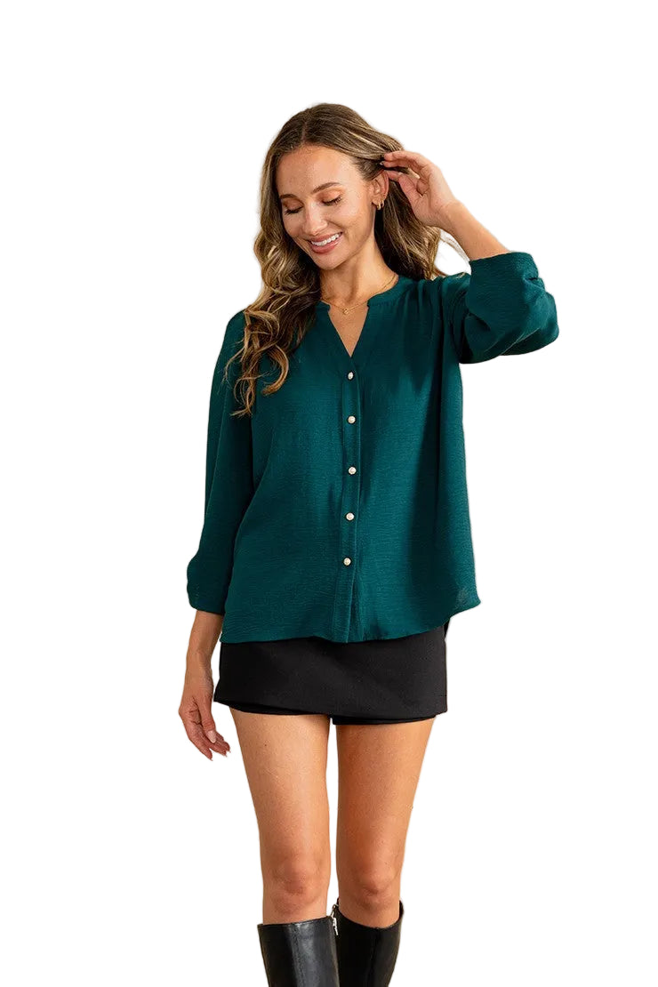 Women's Relaxed Fit Notch V Neck Button Down Blouse ET3764-AF