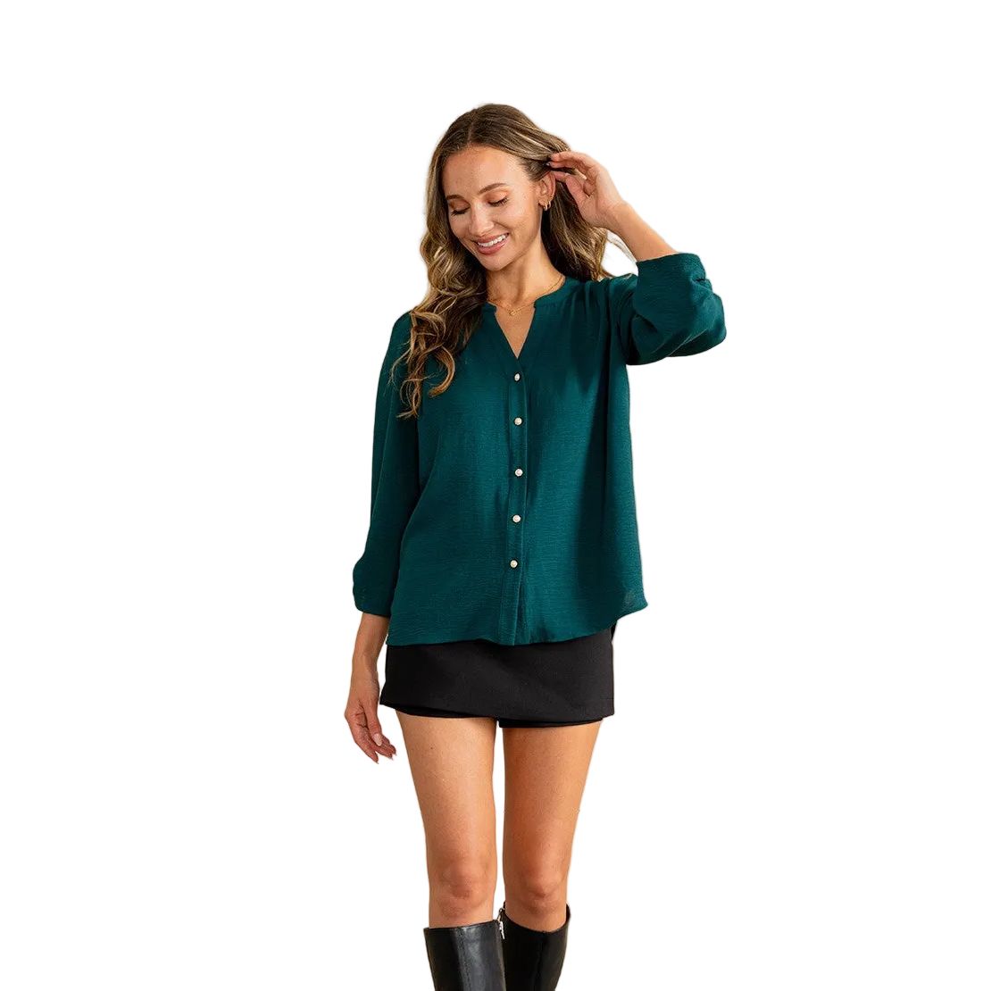 Women's Relaxed Fit Notch V Neck Button Down Blouse ET3764-AF