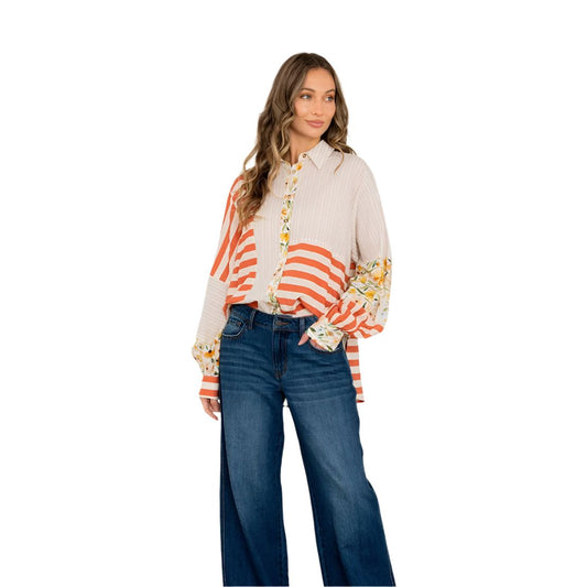 Women's Relaxed Fit Mixed Print Button Down Shirt ET6319