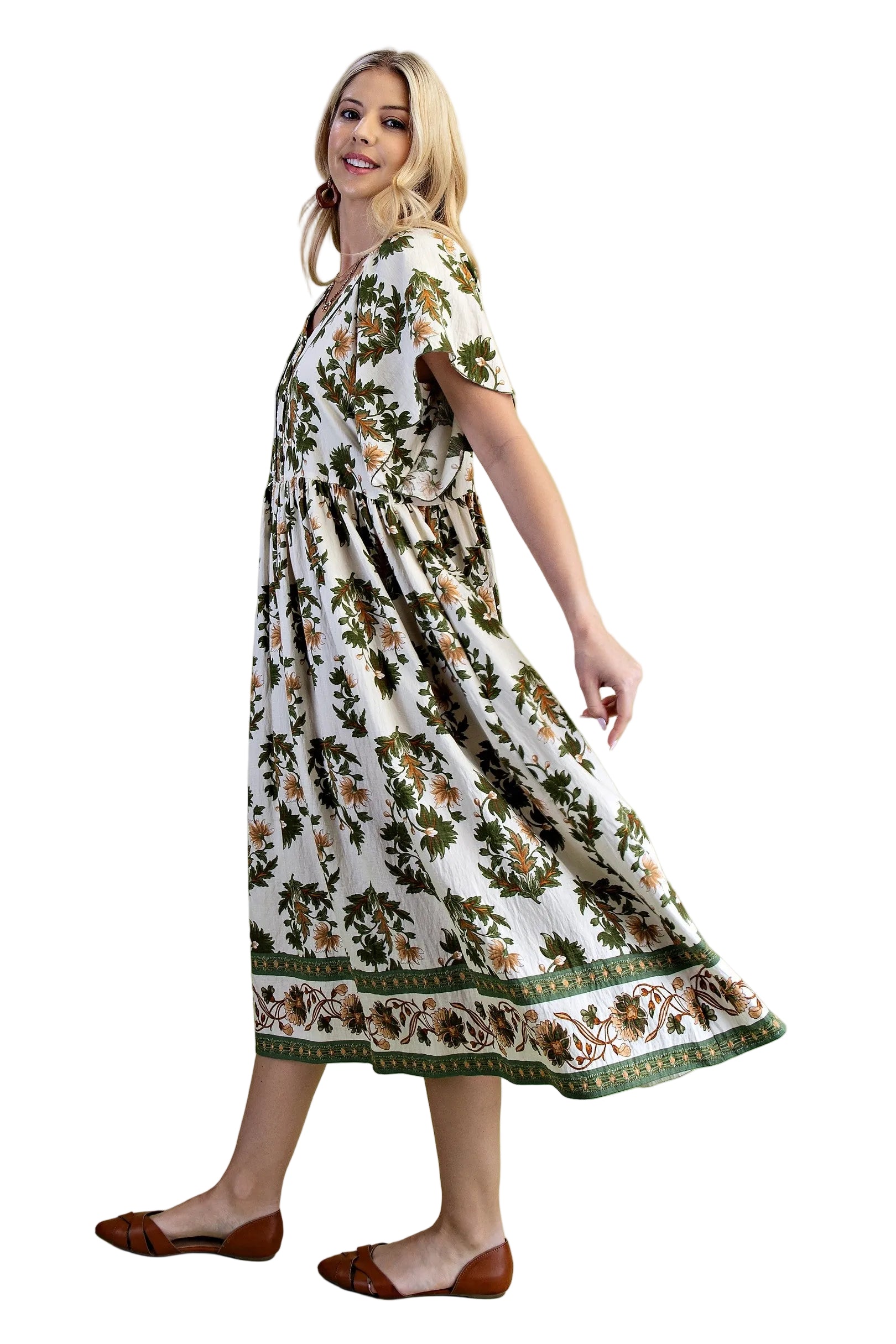 Women's Gigio Olive Floral Fall Printed V-neck Midi Dress TE1380
