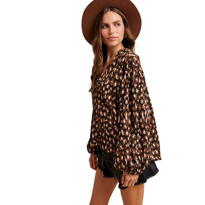 Women's Leopard Plisse Texture Notched Neck Tie Blouse AT3319