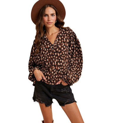 Women's Leopard Plisse Texture Notched Neck Tie Blouse AT3319