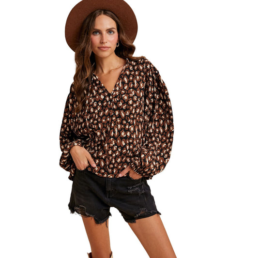 Women's Leopard Plisse Texture Notched Neck Tie Blouse AT3319