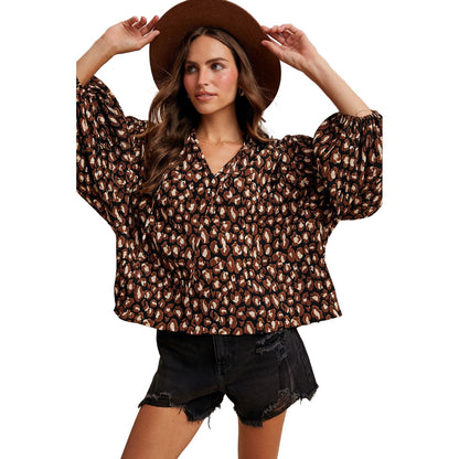Women's Leopard Plisse Texture Notched Neck Tie Blouse AT3319