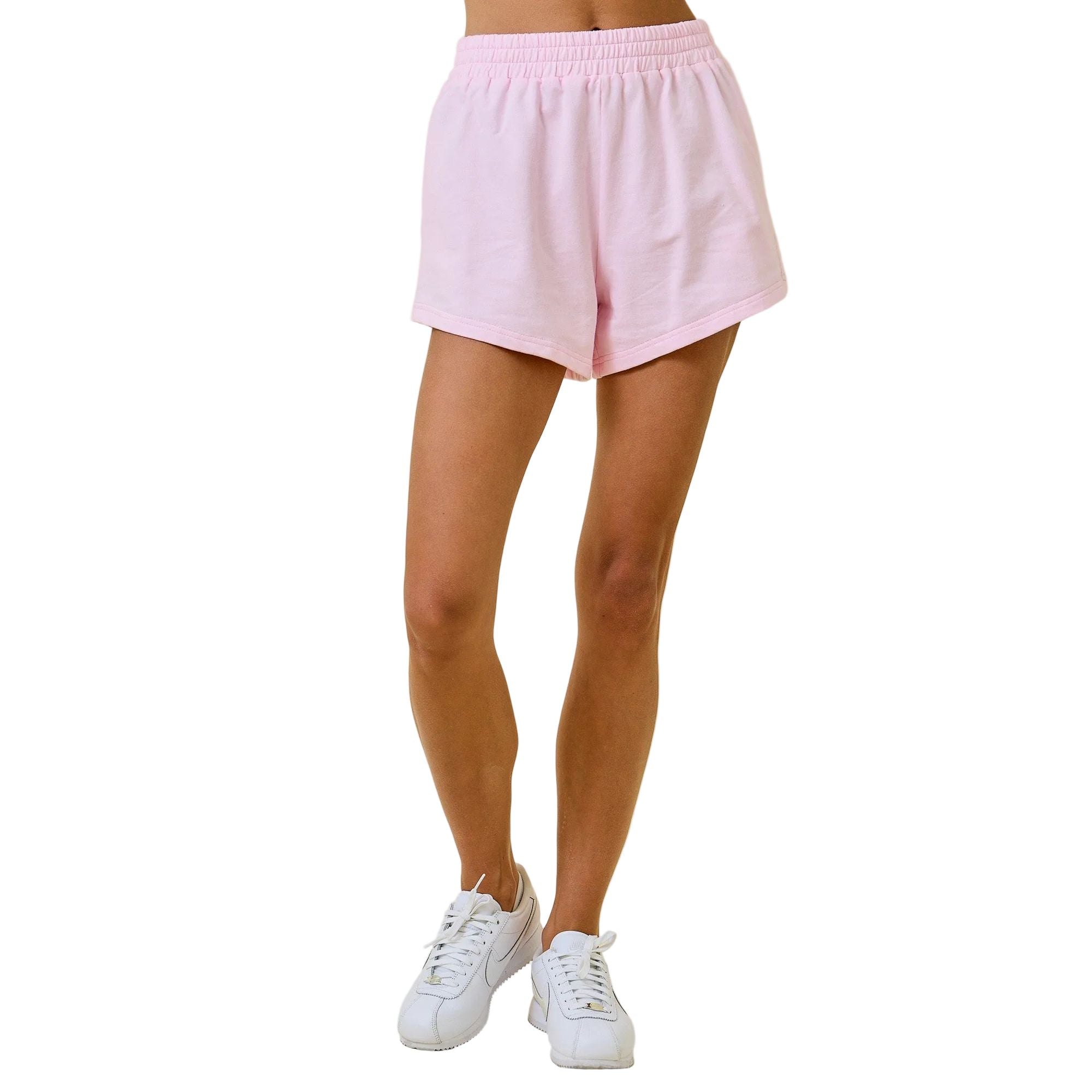 Women's Baby Pink Relaxed Knit Sweat Shorts With Elastic Waistband A4097