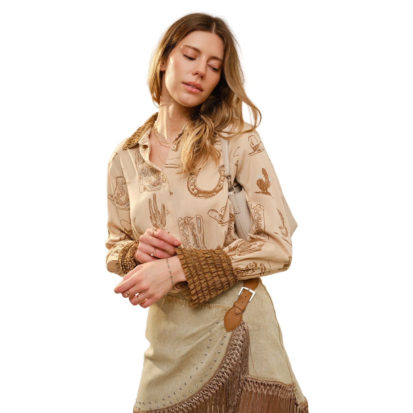 Women's Western Printed Ruffle Cuff Shirt 37124T