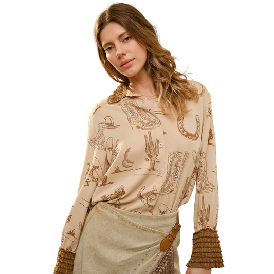 Women's Western Printed Ruffle Cuff Shirt 37124T