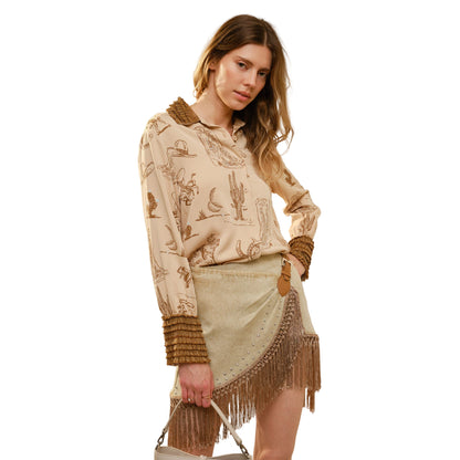 Women's Western Printed Ruffle Cuff Shirt 37124T