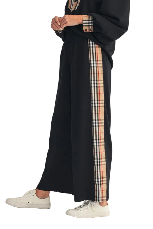 Women's Side Plaid Accent Wide Leg Sweatpants B12965