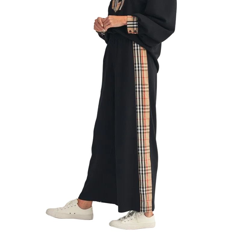 Women's Side Plaid Accent Wide Leg Sweatpants B12965