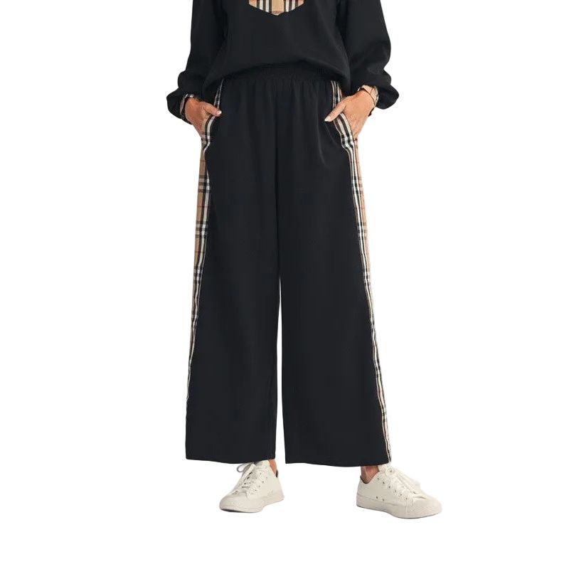 Women's Side Plaid Accent Wide Leg Sweatpants B12965