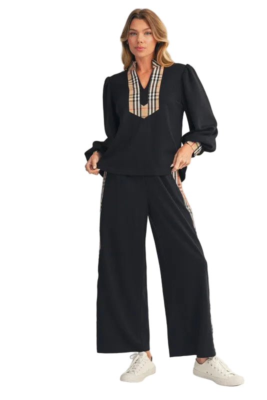 Women's Side Plaid Accent Wide Leg Sweatpants B12965