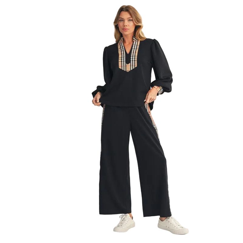 Women's Side Plaid Accent Wide Leg Sweatpants B12965