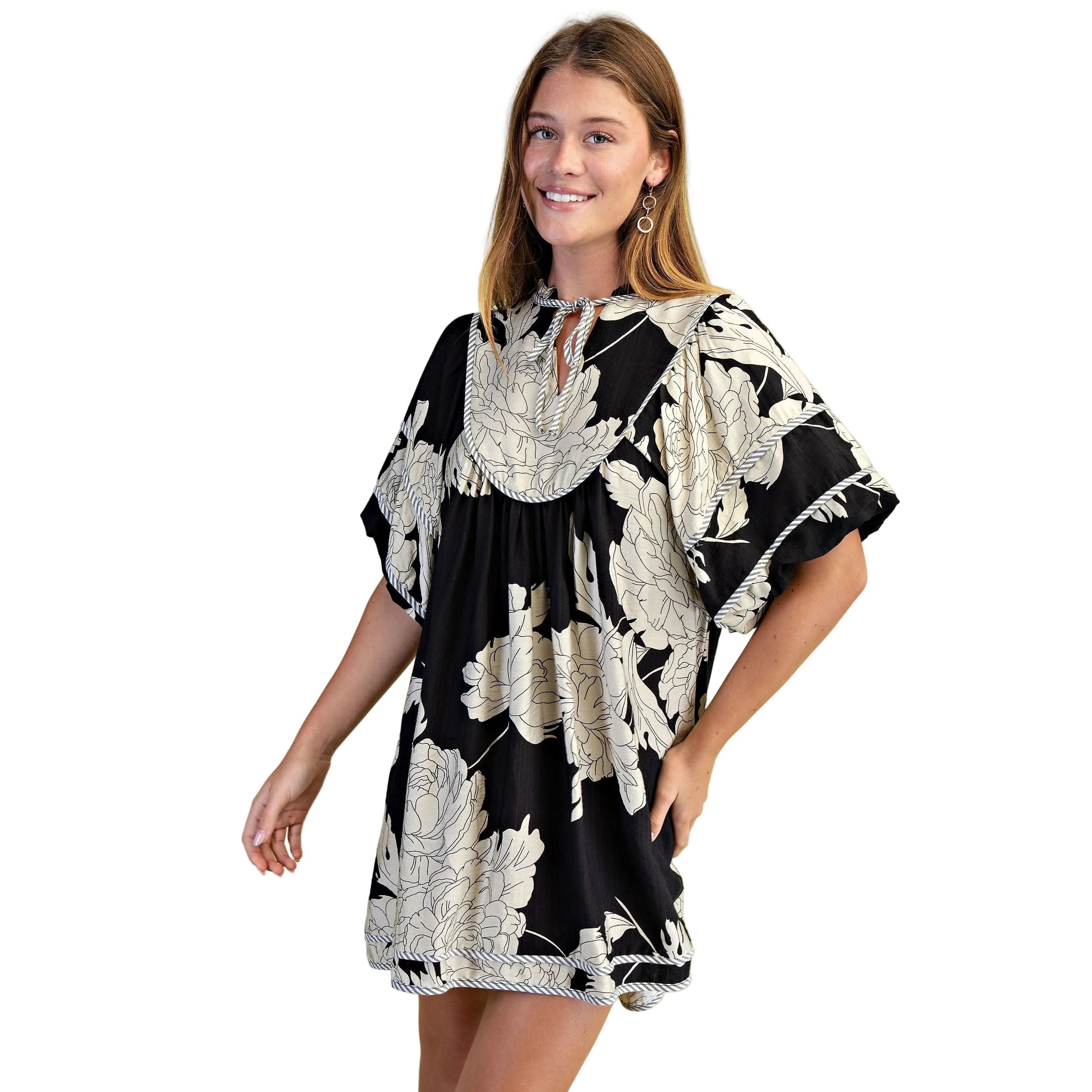 Women's Black and White Floral Print Babydoll Dress TE1118