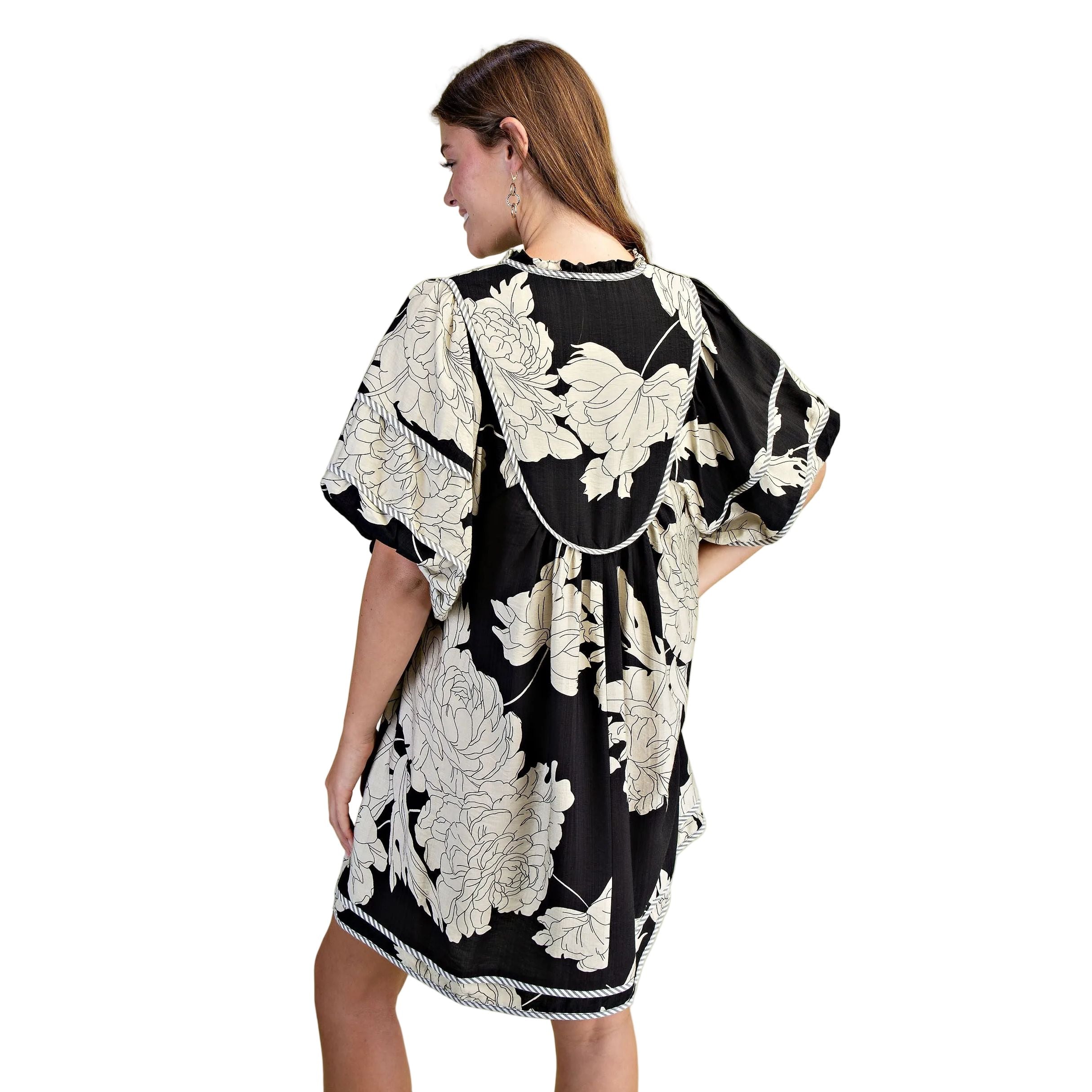 Women's Black and White Floral Print Babydoll Dress TE1118