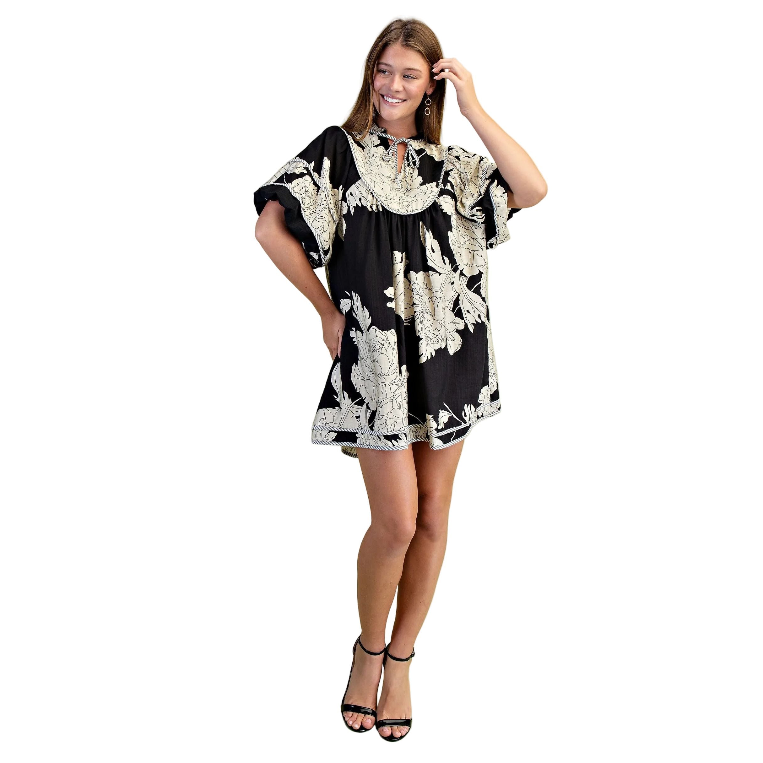 Women's Black and White Floral Print Babydoll Dress TE1118