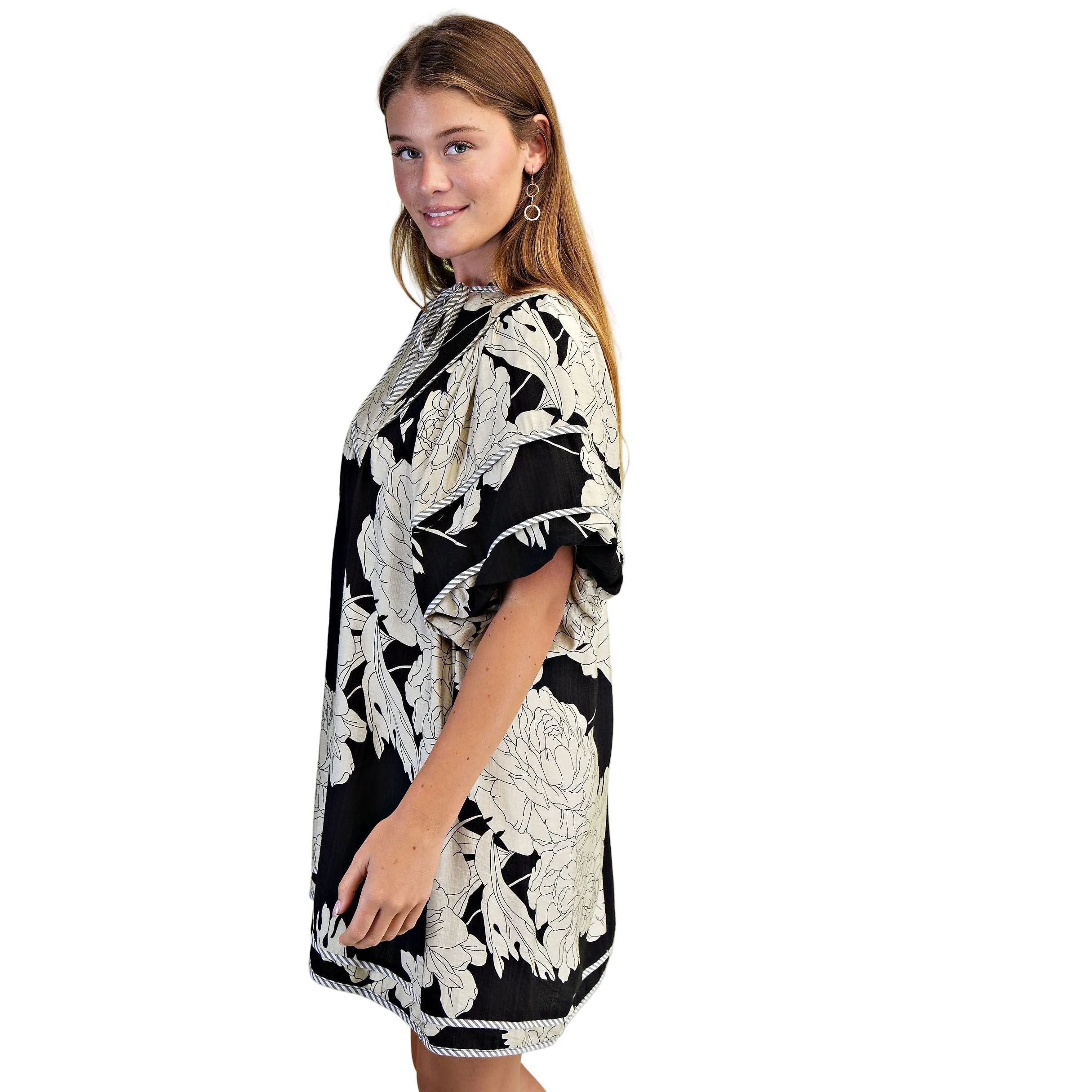 Women's Black and White Floral Print Babydoll Dress TE1118