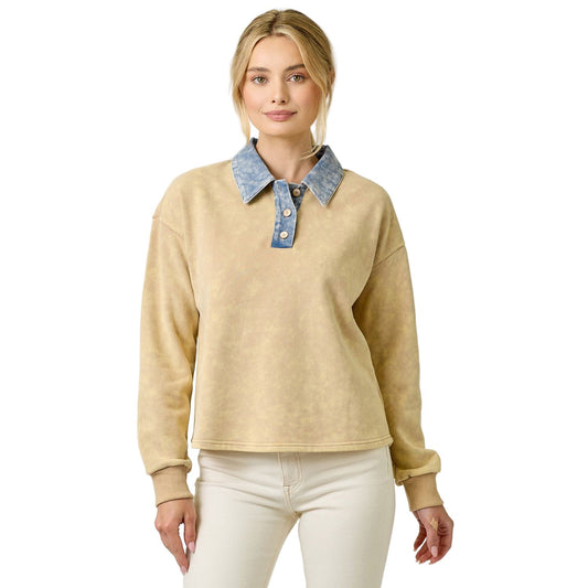 Women's Denim Collar Washed Polo Shirt 61239