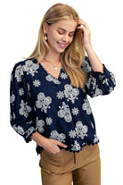 Women's Gigio Navy Mix Puff Printed V-neck Blouse TE1573