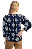 Women's Gigio Navy Mix Puff Printed V-neck Blouse TE1573