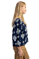Women's Gigio Navy Mix Puff Printed V-neck Blouse TE1573