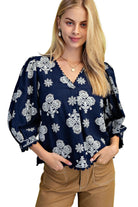 Women's Gigio Navy Mix Puff Printed V-neck Blouse TE1573