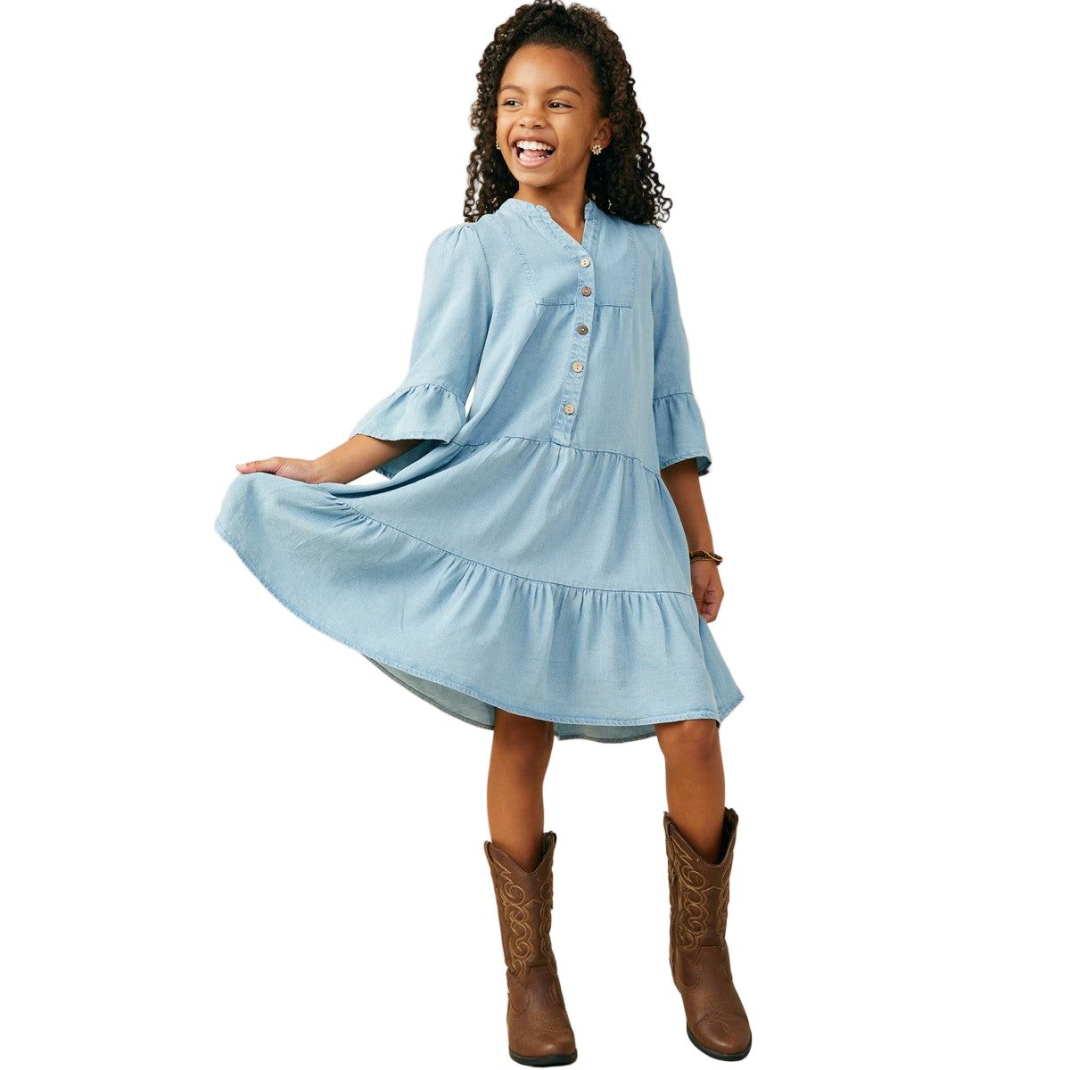 Girls Hayden Washed Button Detail Ruffle Sleeve Tencel GY9054
