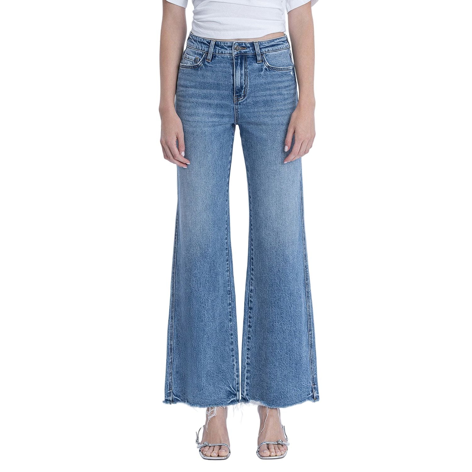 Women's High Rise Distressed Slit Hem Vintage Flare Jeans F9071