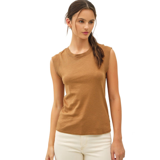 Women's Basic Solid Cotton Crew Neck Cap Sleeve Tank Top 19527