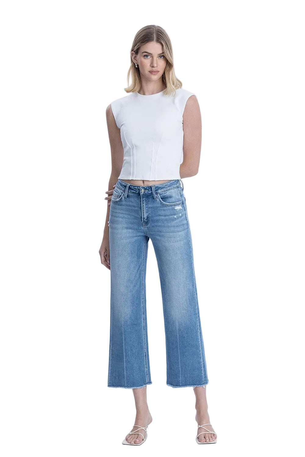 Women's Flying Monkey High Rise Raw Hem Crop Slim Wide Leg Jeans F6046