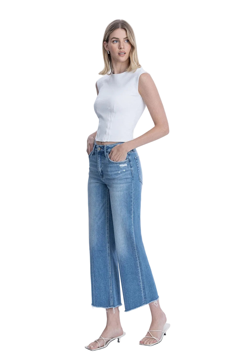 Women's Flying Monkey High Rise Raw Hem Crop Slim Wide Leg Jeans F6046