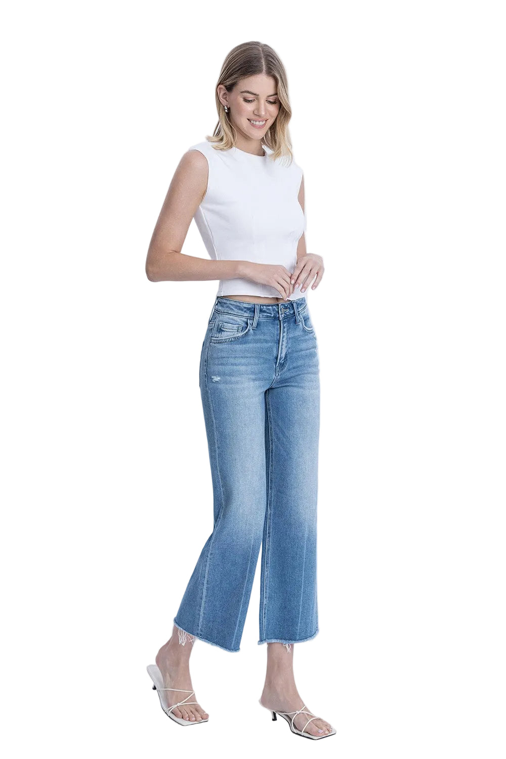 Women's Flying Monkey High Rise Raw Hem Crop Slim Wide Leg Jeans F6046