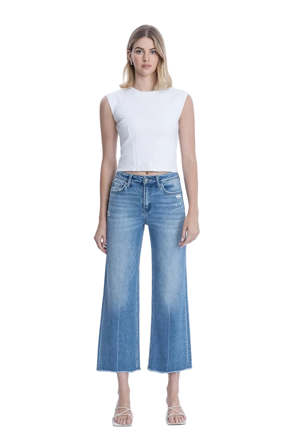 Women's Flying Monkey High Rise Raw Hem Crop Slim Wide Leg Jeans F6046
