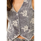 Women's Black Washed Embroidered Corduroy Vest