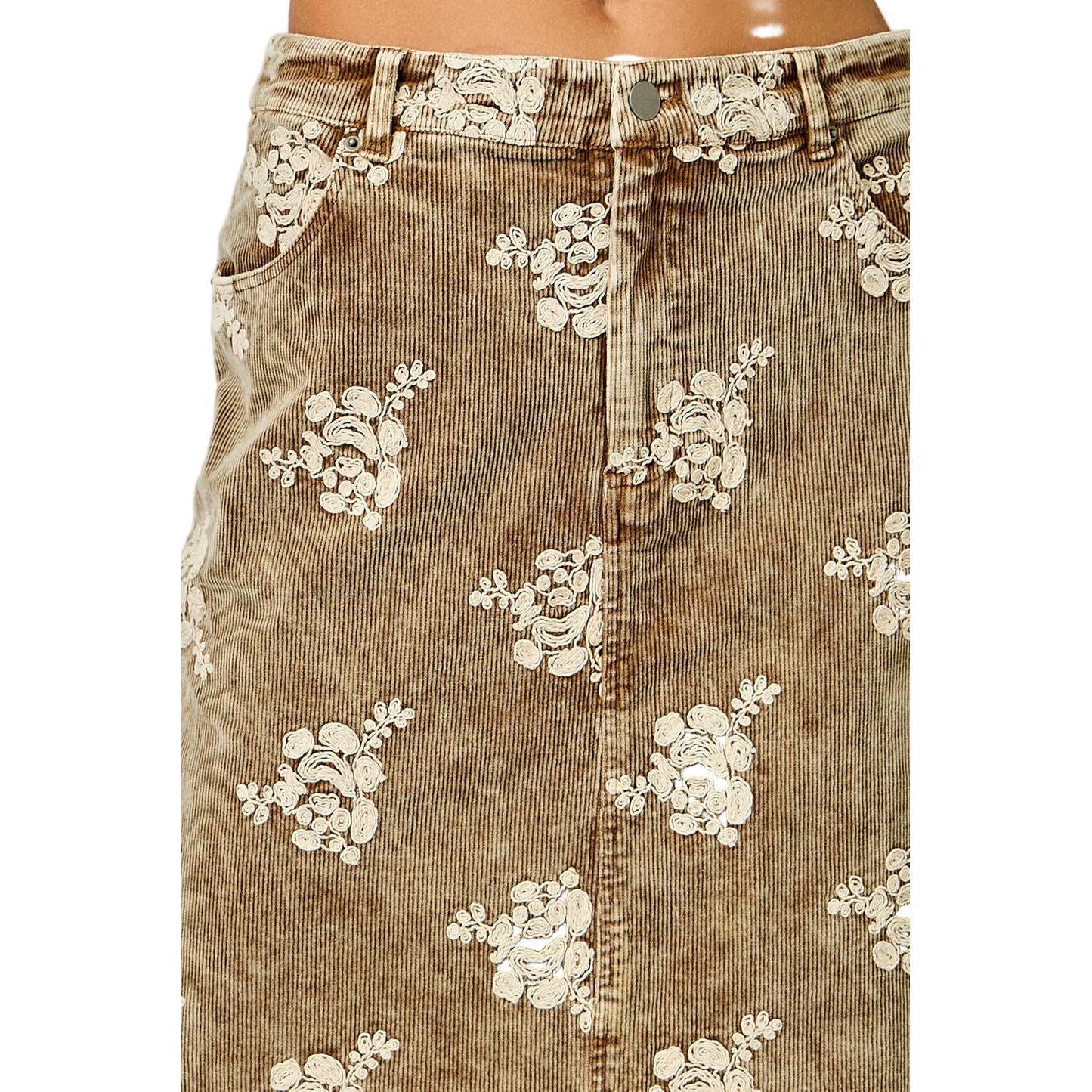 Women's Embroidered Front Slit Corduroy Skirt 61145