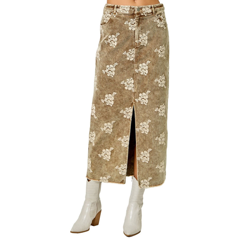 Women's Embroidered Front Slit Corduroy Skirt 61145