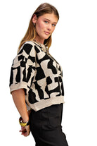 Women's Gigio Black and Cream Short Sleeve Geometric Print Sweater TE1446