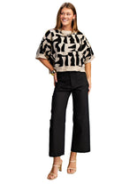 Women's Gigio Black and Cream Short Sleeve Geometric Print Sweater TE1446