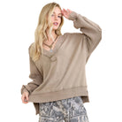 Women's Mineral washed Ribbed V-neck Terry Sweatshirt HT6911
