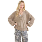 Women's Mineral washed Ribbed V-neck Terry Sweatshirt HT6911