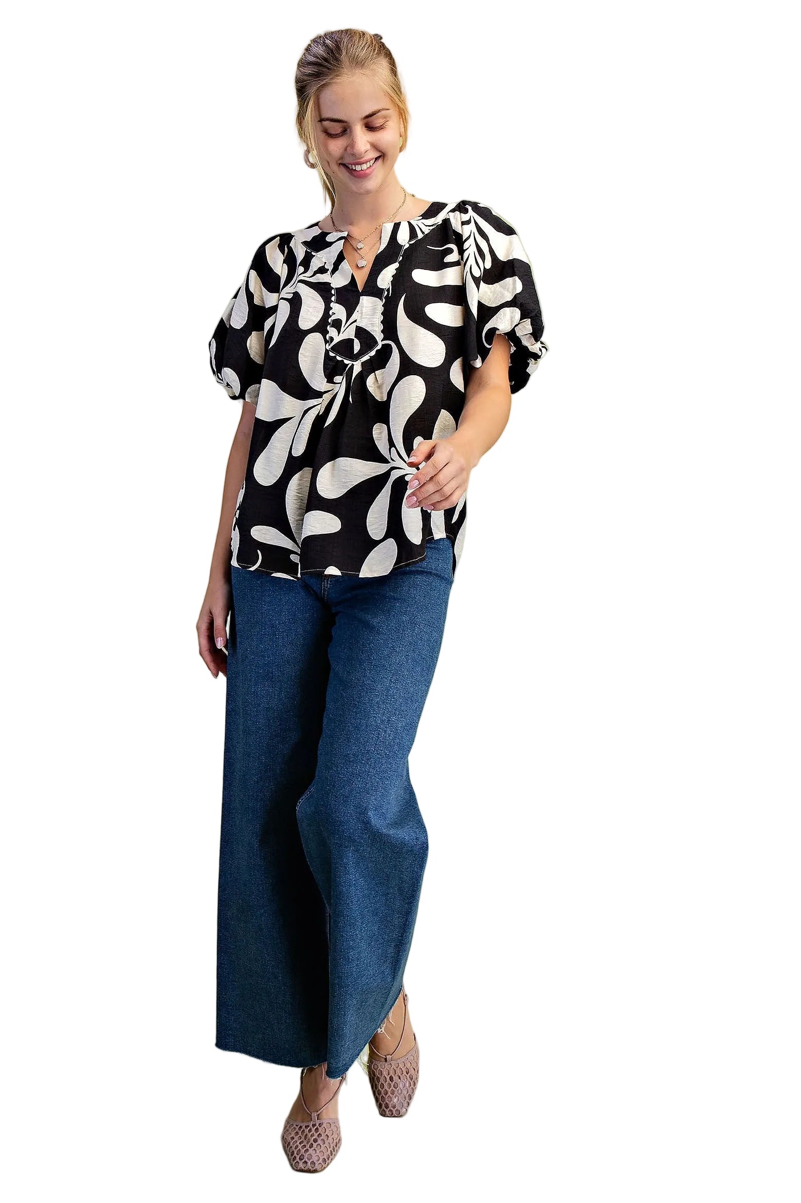 Women's Gigio Olive Or Black Mix Printed Slit Neck Top 